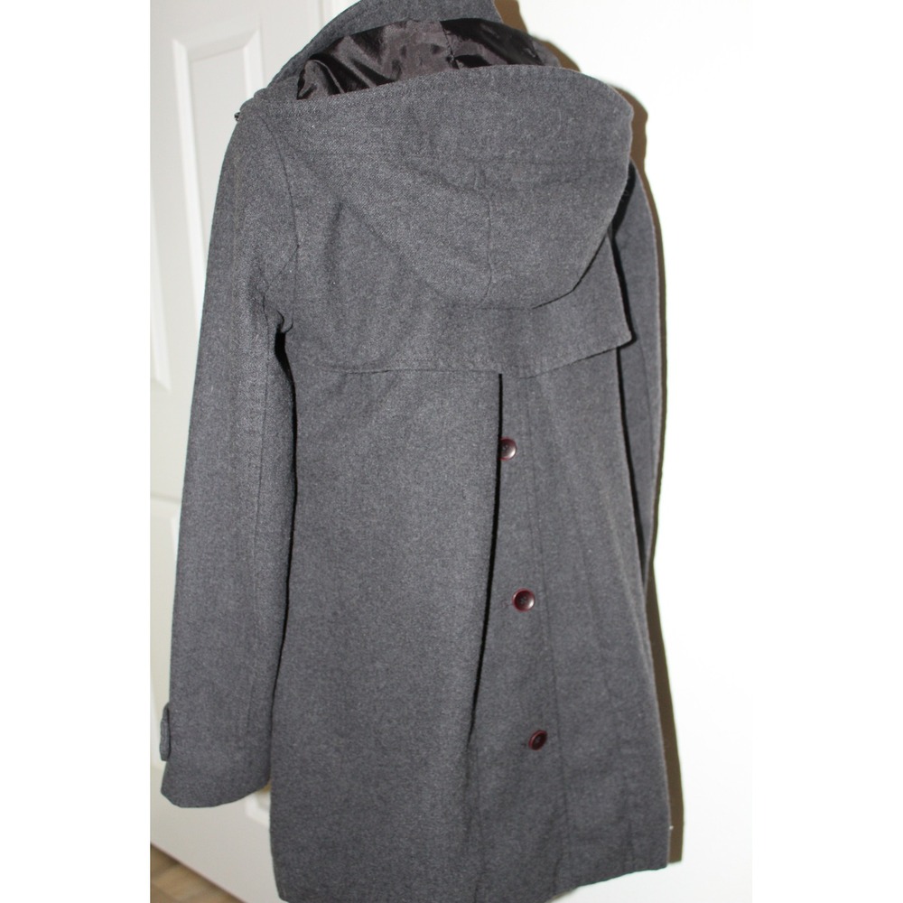 A New Day Charcoal Grey Hooded‎ Trench Coat Mid Length Zip Snap Front Jacket - Picture 6 of 8